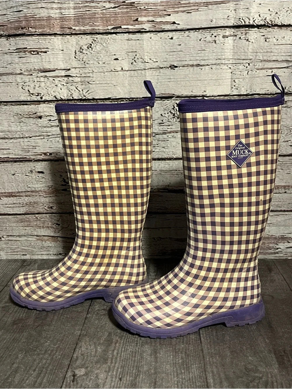 The Original Muck Boot Company Purple & Cream Gingham Rain Boots size 8